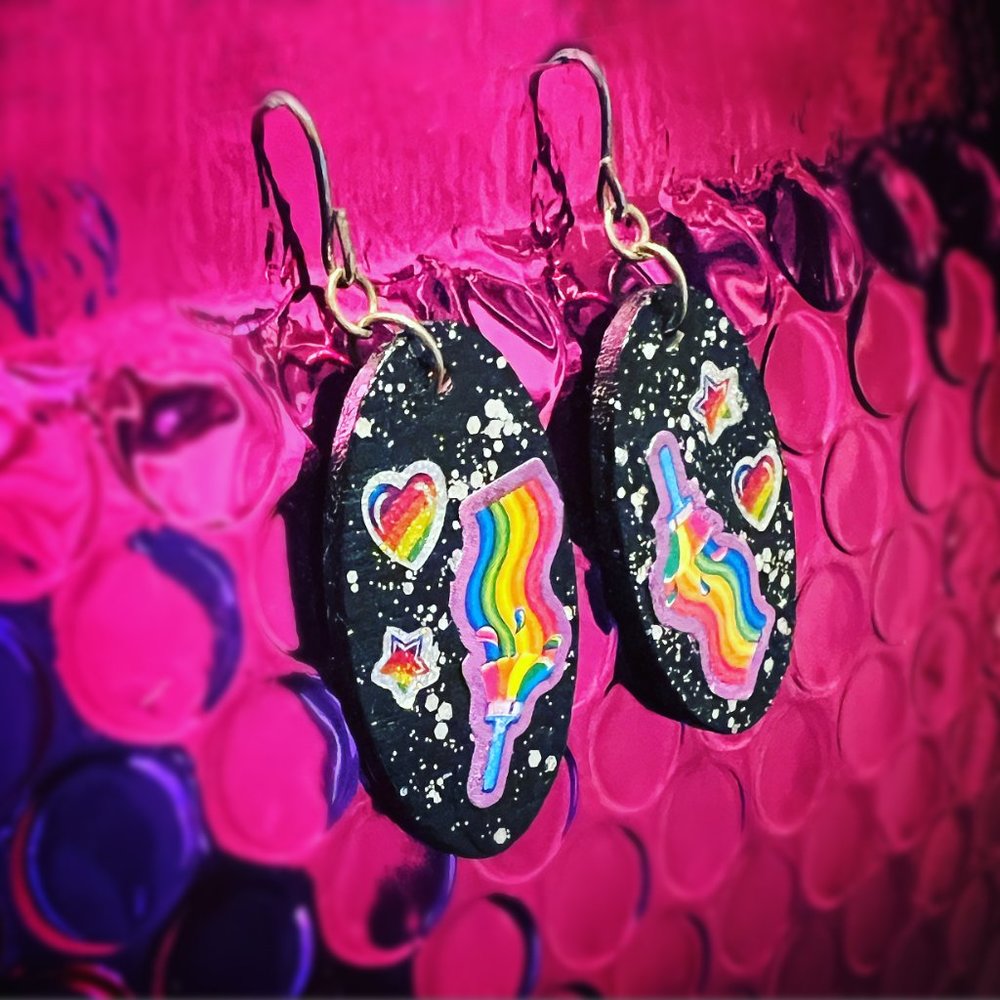 Lisa Frank Paintbrush Stars Hearts Earrings - Vintage Sticker Jewelry
